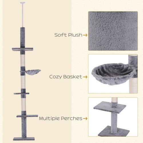 9 Foot Adjustable Height Floor To Ceiling Vertical Cat Tree - Grey And