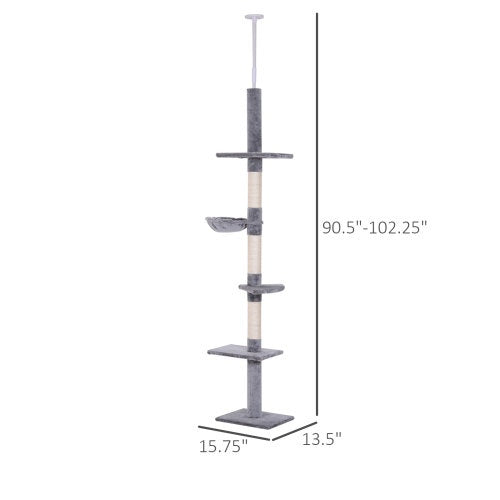 9 Foot Adjustable Height Floor To Ceiling Vertical Cat Tree - Grey And